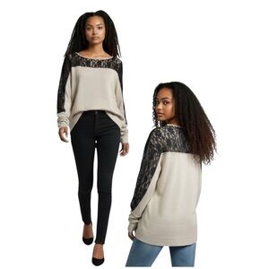 RACHEL Rachel Roy Shanghai Chic Dove Top - Ivory Lnit - Black Lace Detail - XL